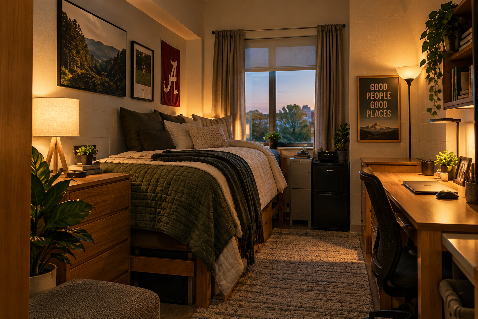 a dorm room with cozy green lighting